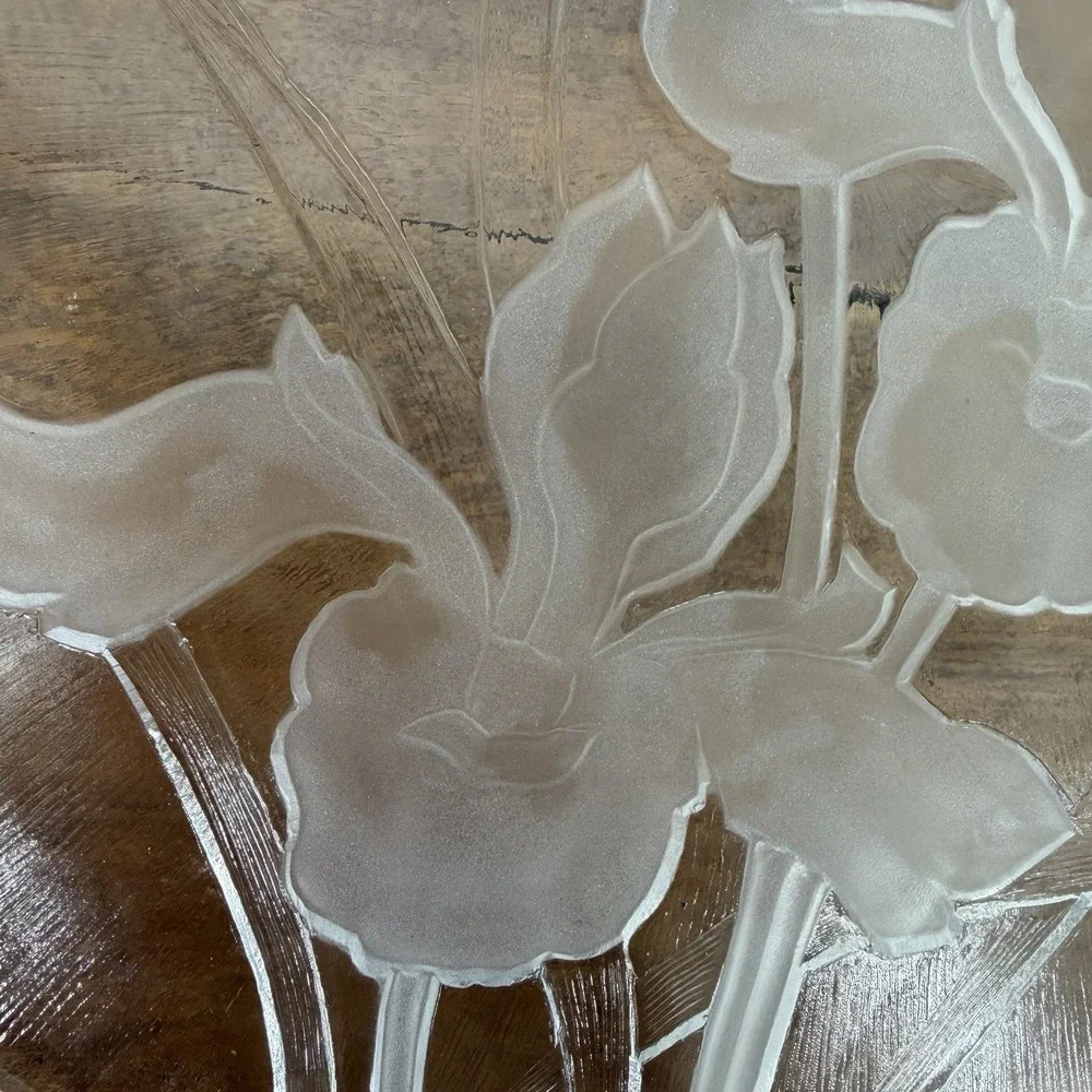 Vintage Dorothy Thorpe Sand Etched Glass‎ Iris Platter MCM Serving Plate 12